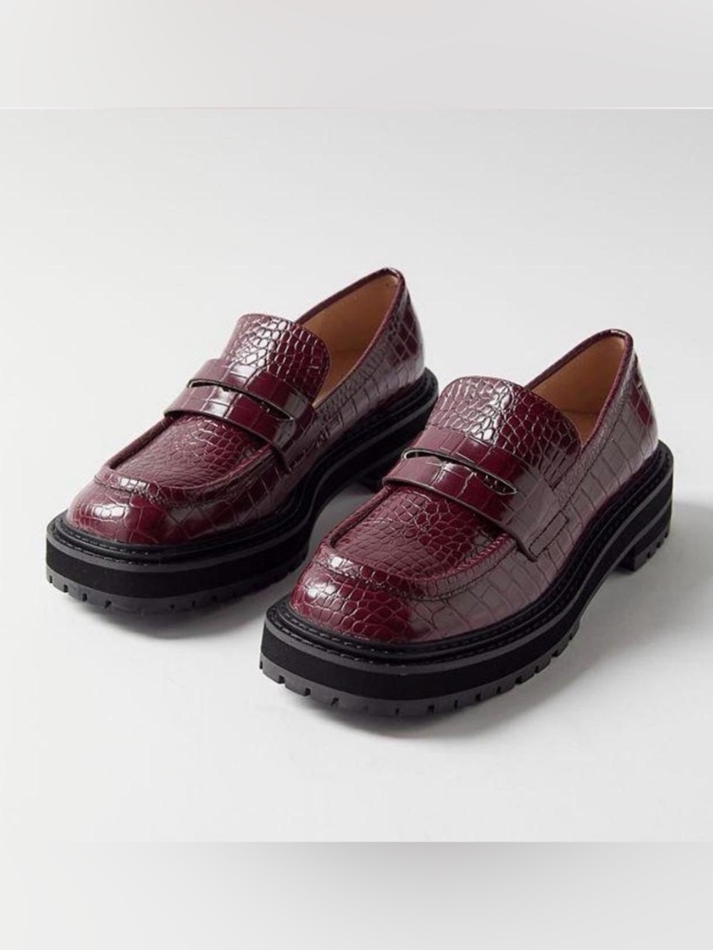 Urban Outfitters Burgundy Croc-Embossed Lug Sole Loafers
